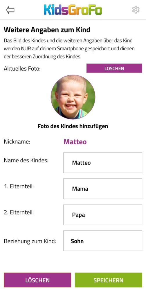 Weitere Angaben zum Kind in der KidsGroFo App