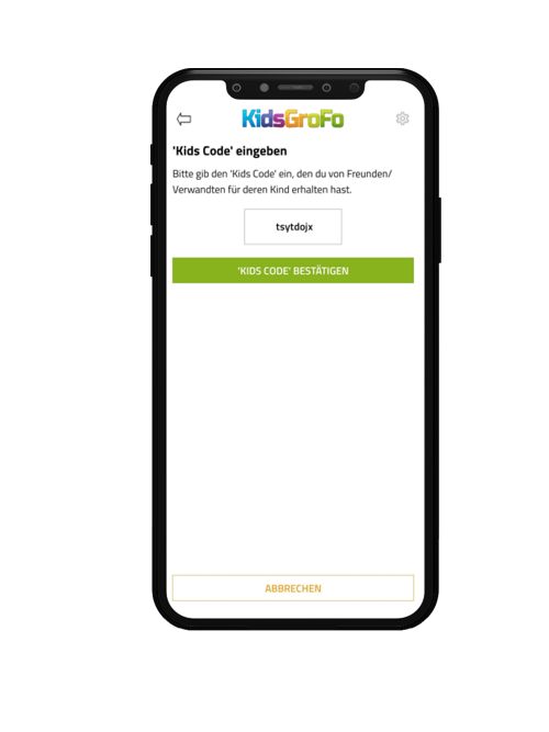 In der KidsGroFo App einen Kids Code eingeben
