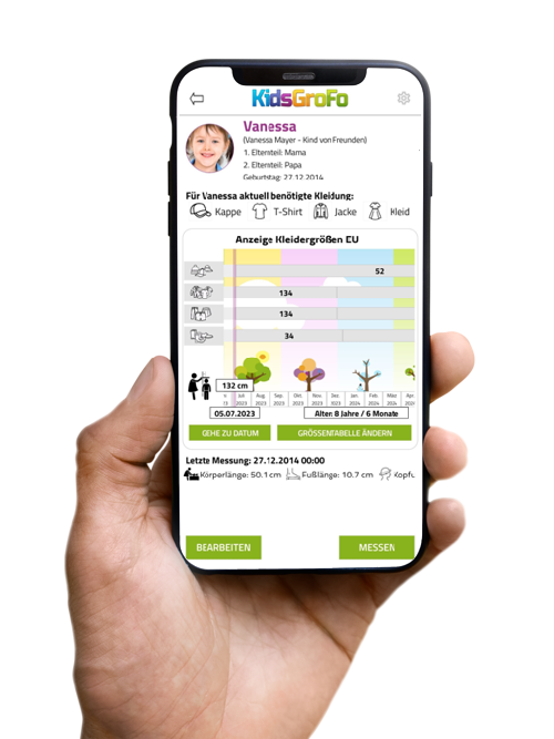 Anzeige der verschiedenen Kleidergrößen eines Kindes in der KidsGroFo-App