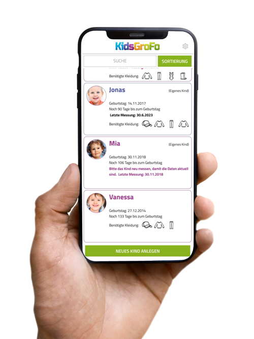 Übersicht über die in der KidsGroFo App angelegten Kinder