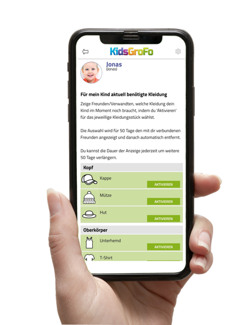 Anzeige der aktuell für das eigene Kind benötigten Kleidungsstücke in der KidsGroFo App