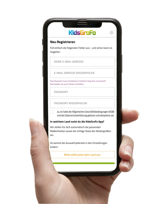 Sich neu in der KidsGroFo App registrieren