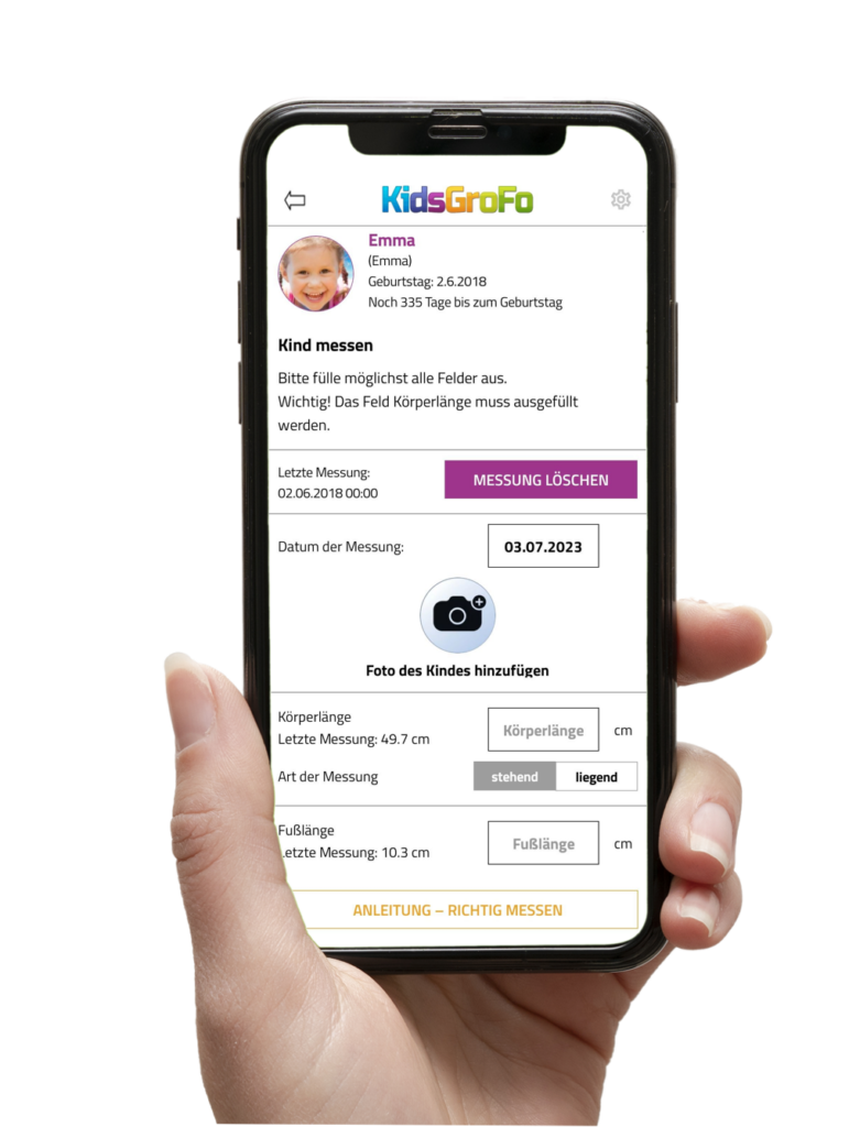 Messdaten eines Kindes in die KidsGroFo App eintragen
