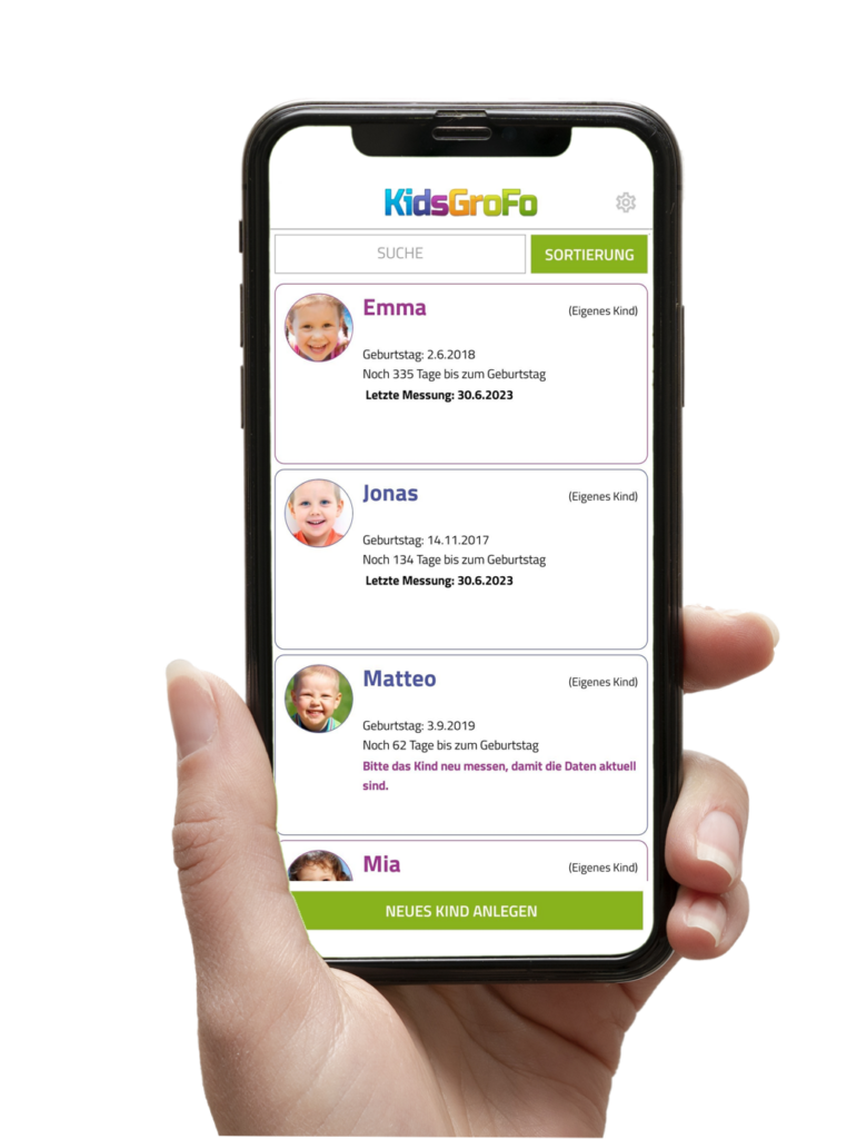 Übersicht über die in der KidsGroFo App angelegten Kinder
