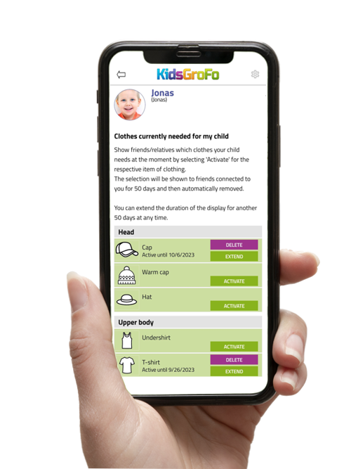 Anzeige der aktuell für das eigene Kind benötigten Kleidungsstücke in der KidsGroFo App